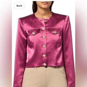 Cinq à Sept Rainer cropped satin jacket in the color Dark Ube.